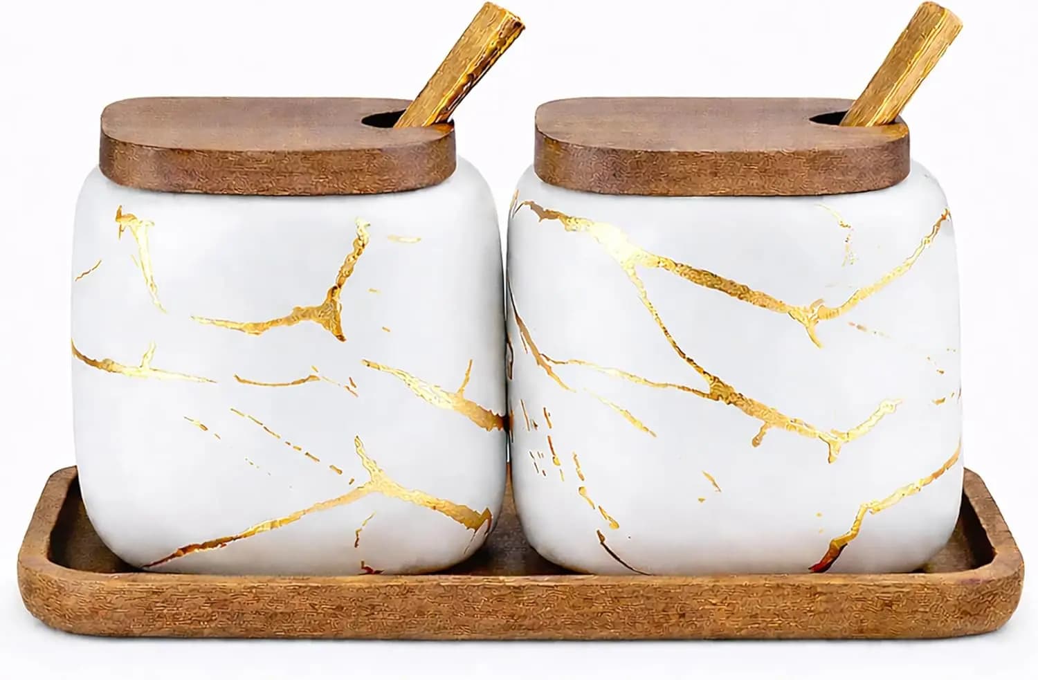 Set di Barattoli in Ceramica Effetto Marmo per Condimenti con Coperchi in Legno, Vassoio e Cucchiai per Zucchero, Sale e Spezie