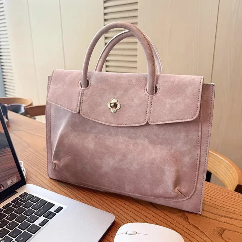 Elegant Pink PU Leather Laptop Tote Bag Top-handle Work Handbag with Floral Turn Lock for Women Office Daily Use