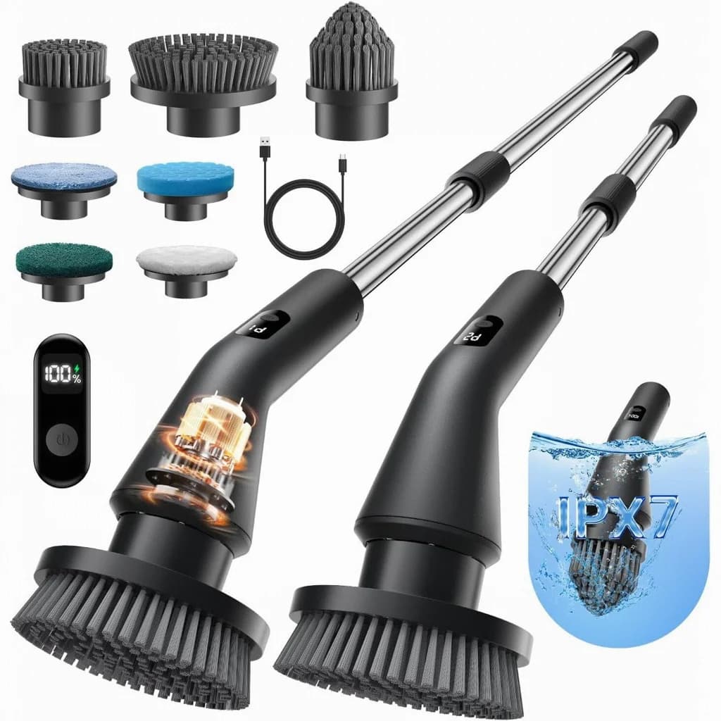 Upgraded Electric Cordless Cleaning Brush 7 Brush Heads Bathroom Scrubber Waterproof Shower Scrubber