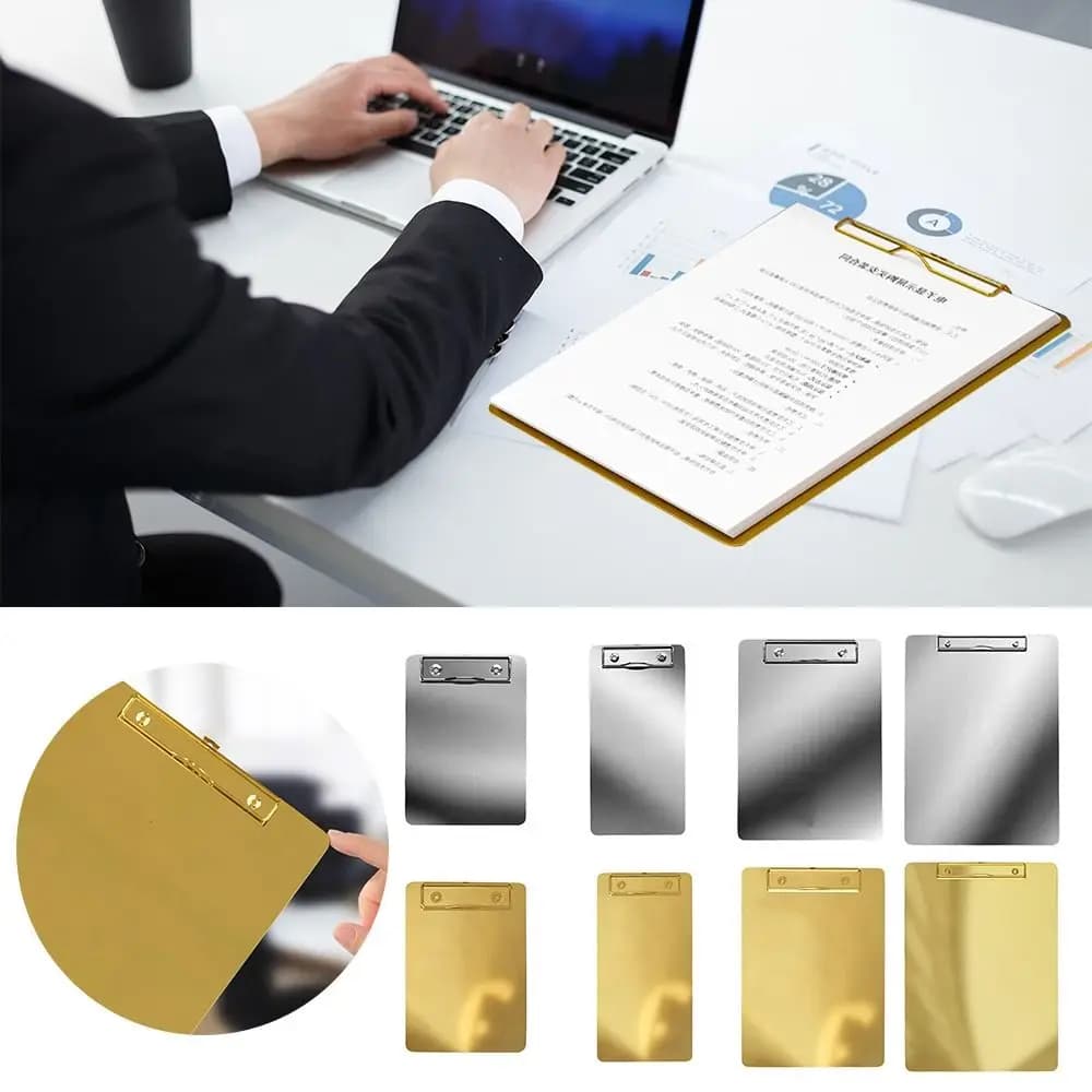 Stainless Steel A4/A5 File Folder Gold/Silver Hard Writing Clipboard Multifunction Menu Ticket Holder