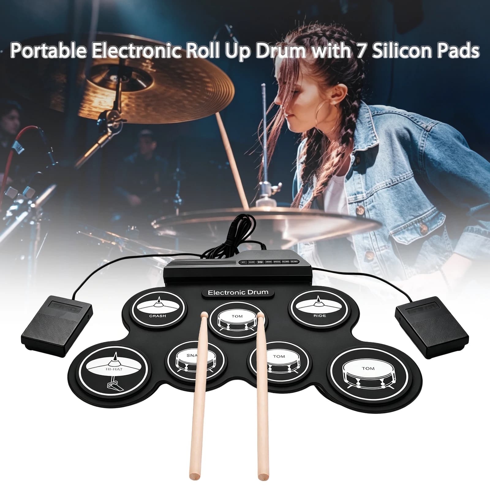 Portable Hand Roll Electronic Drum Folding Adult Beginner Jazz mini Drum Set Practice Tool, USB MIDI Output, Supports Headphone