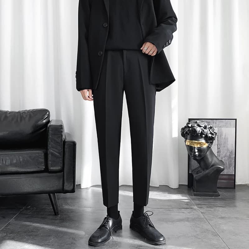 Men's Straight Leg Suit Pants Black Drapey Casual Trousers Spring Summer Slim Fit Youthful Style Long Jeans Fashionable