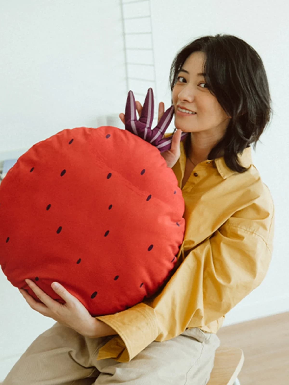 Carihome Red Fruit Doll Sofa Pillow Cute Girl Heart Shaped Plush Pillow Living Room Decor Universal Gift Non Washable Inner Core