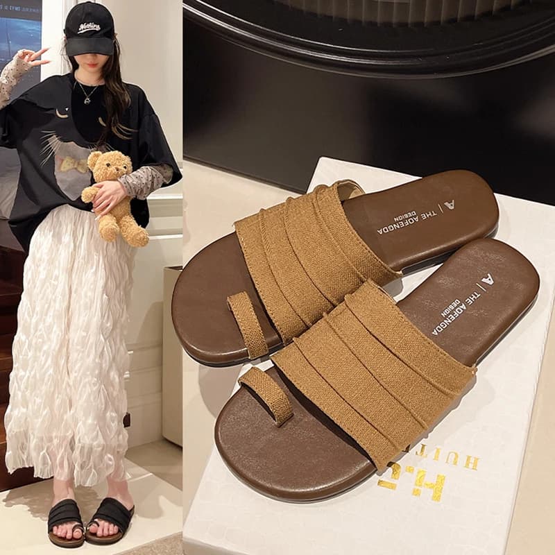 Summer Women's Slip-On Sandals Linen Canvas Flop Flats Beach Shoes Soft Bottom Platform Anti-Slip Flat Heel Foldable Slippers