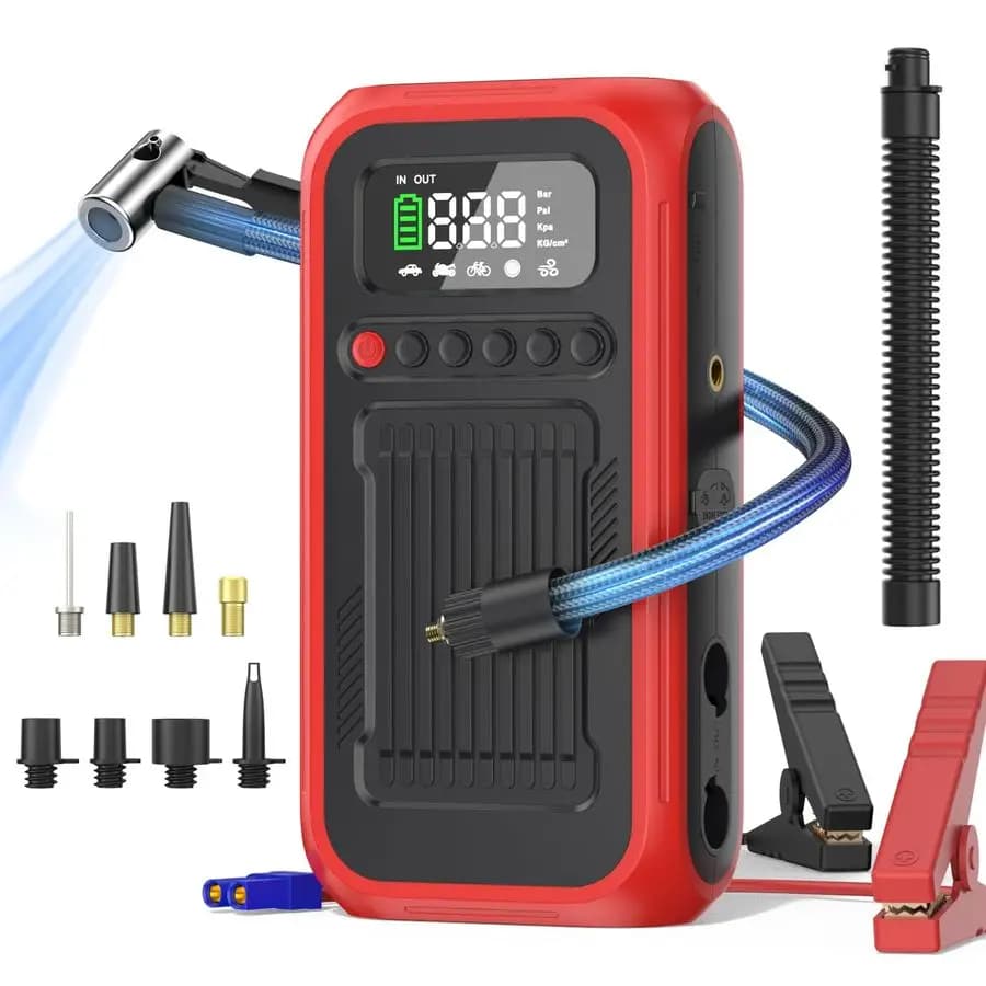 Gonfiatore Compressore d'aria portatile, Avviatore di emergenza per auto 12V, Pompa d'aria da 150PSI Amp 28000mAh con ventilatore d'aria, Manometro digitale e