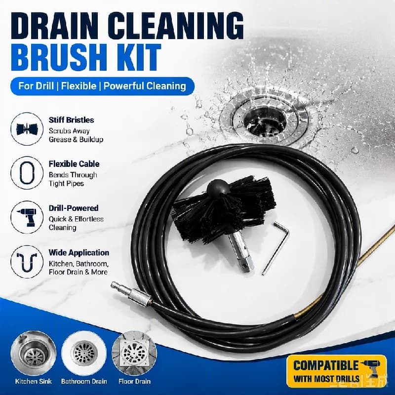 Black Brush Drain Cleaner, Flexible Hose Pipe Unblocker with Drill Adapter,Kitchen Sink Grease and Floor Drain Clog Remover Tool