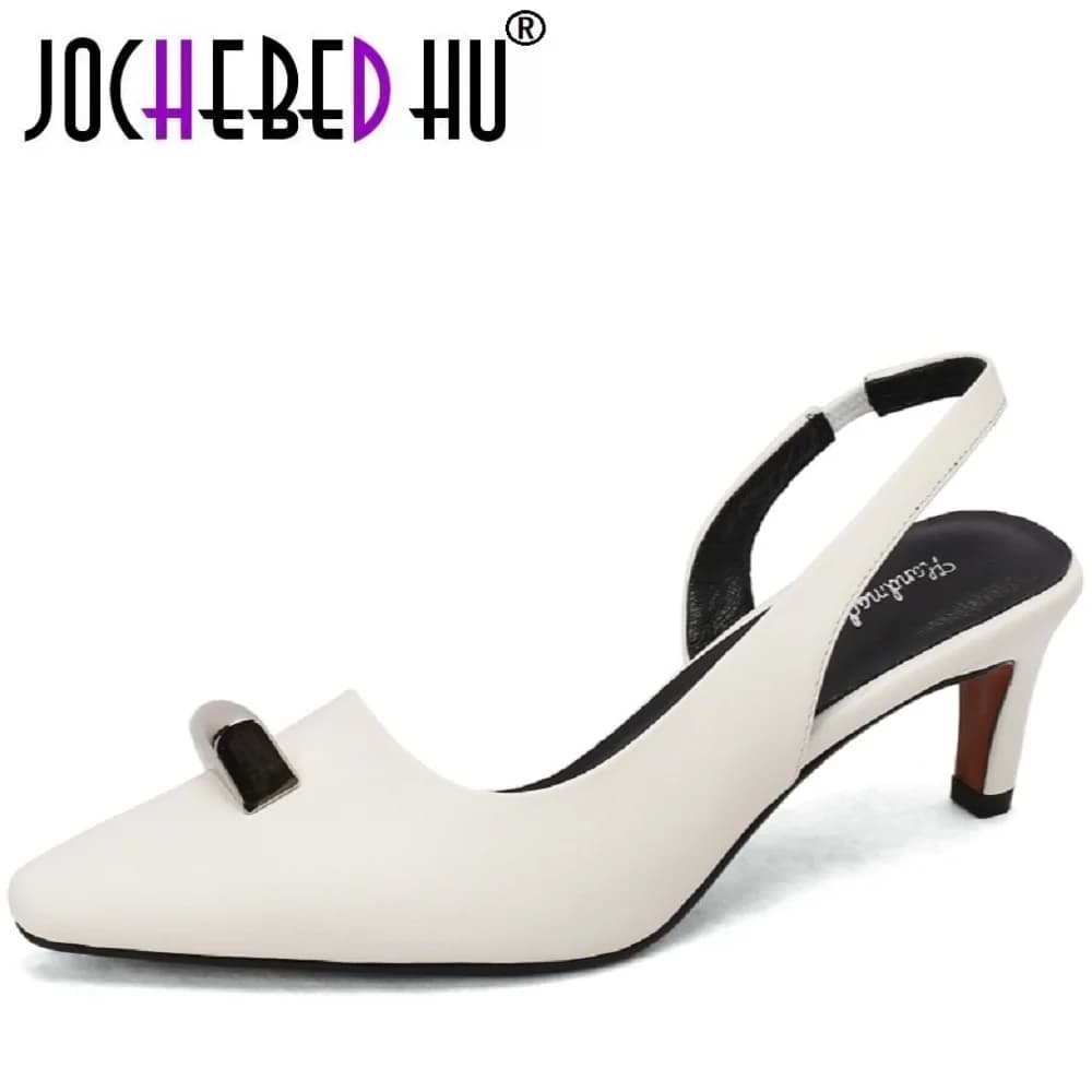 【JOCHEBED HU】Sandali da donna con tacco medio, punta aperta, in vera pelle, fatti a mano, con dettagli in metallo, nuovi, sandalias femininas
