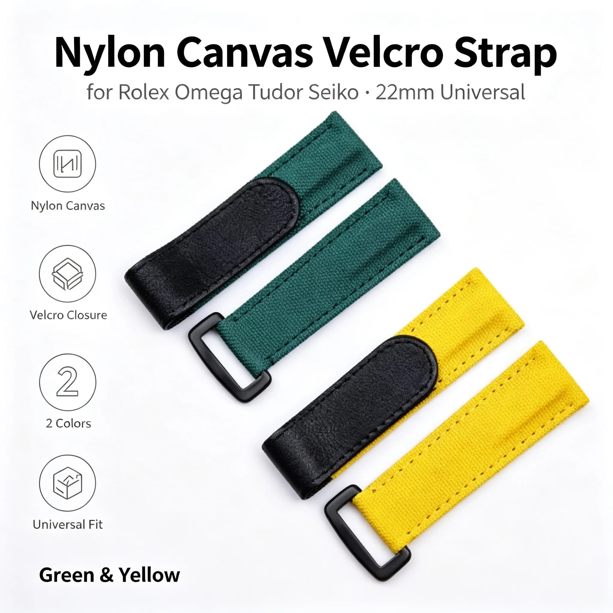 22mm Nylon Canvas Velcro Strap for Rolex Submariner Omega Tudor Black Bay Seiko Green Yellow Men Sports Replacement Watch Band
