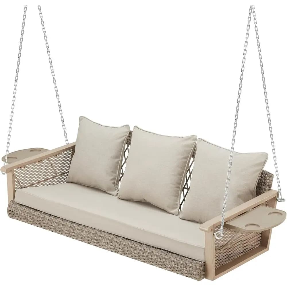3-Person Wicker Swing with Cushions, 56 Patio Hanging Bench, Outdoor Garden Backyard Chair (Beige)