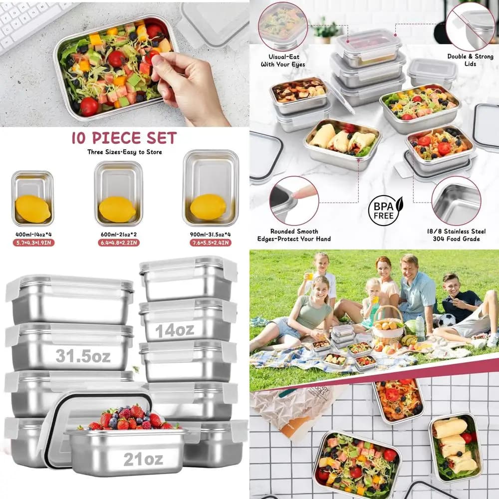 Set di 10 Contenitori per Alimenti in Acciaio Inox con Coperchi, Scatole Ermetiche per Pranzo, Contenitori Riutilizzabili per Preparazione Pasti - Impilabili, Adatti al Forno