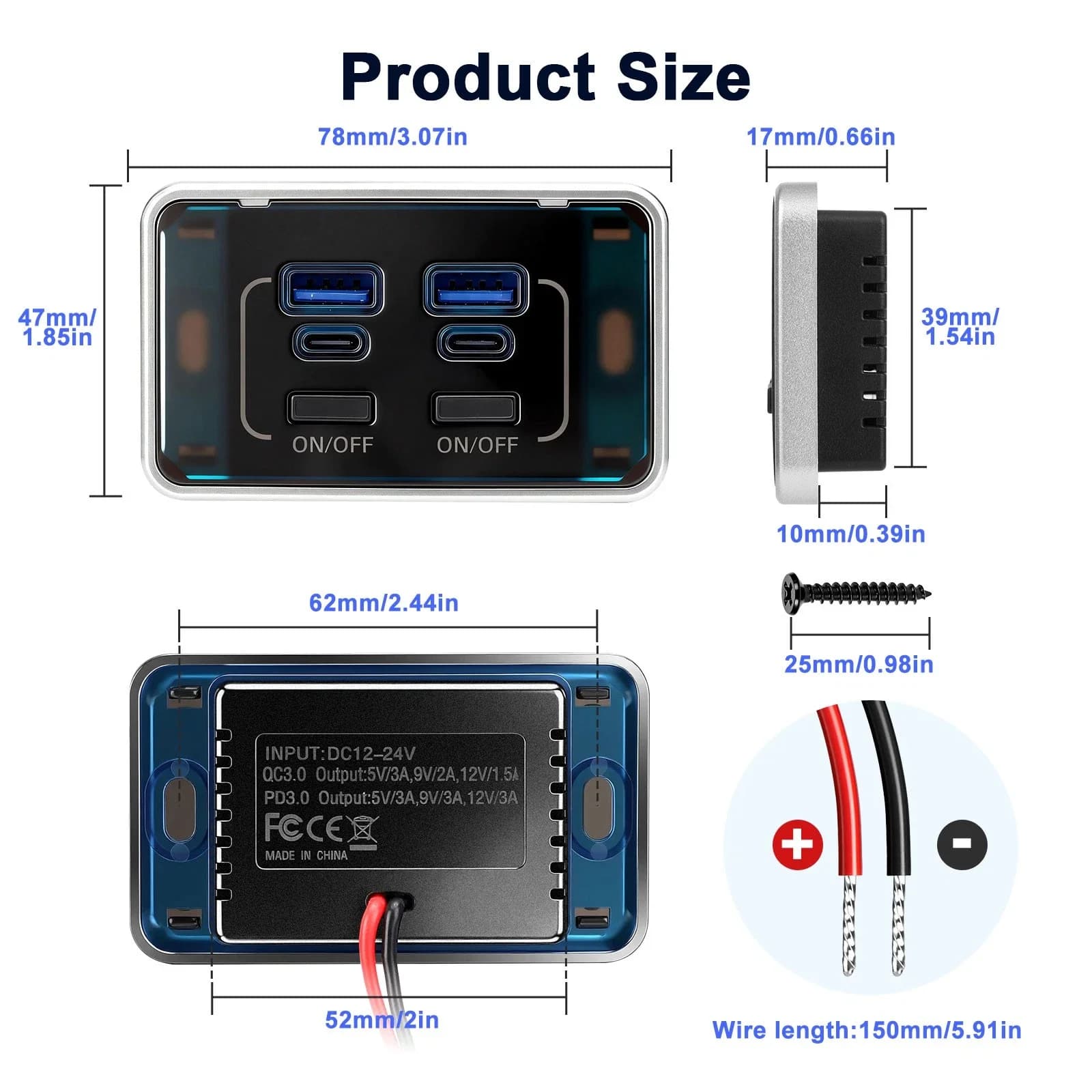 Car Usb Charging Socket Dual Pd 4 Port Usb Charger Socket Panel Mount Usb Charger Flush Mount Pd Qc3.0 Charging Outlet For Golf