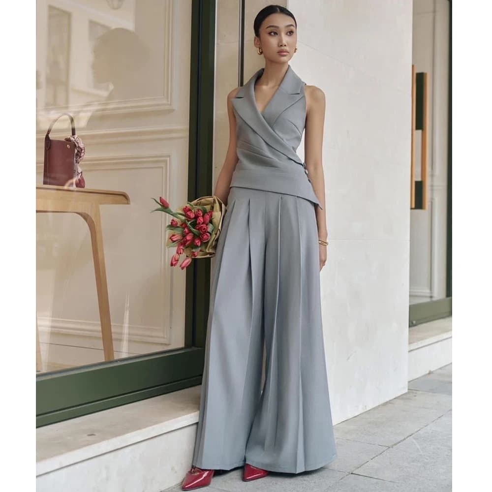 Tesco 2 Piece Women's Suit Peaked Lapel Vest and Pants Customized Fashion Casual Suit Set Women Office Wear Wedding Guest Outfit