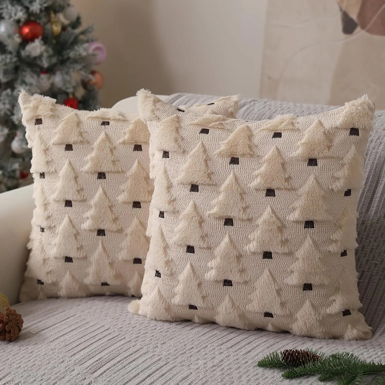 Fodere per cuscini natalizi 45x45 cm Decorazioni Morbida peluche in pelliccia sintetica Lana Albero di Natale Federe per cuscini Decorazioni per le vacanze invernali
