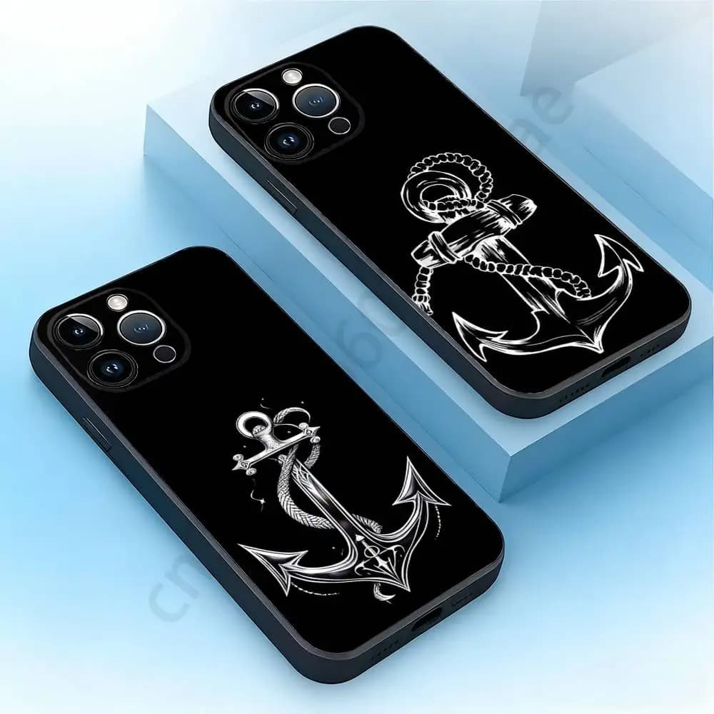 Custodia per telefono in silicone nera con design Ancora, Barca, Timone per iPhone 17, 16, 15, 14, 13, 12, 11, XR, Pro, Max, Plus, mini