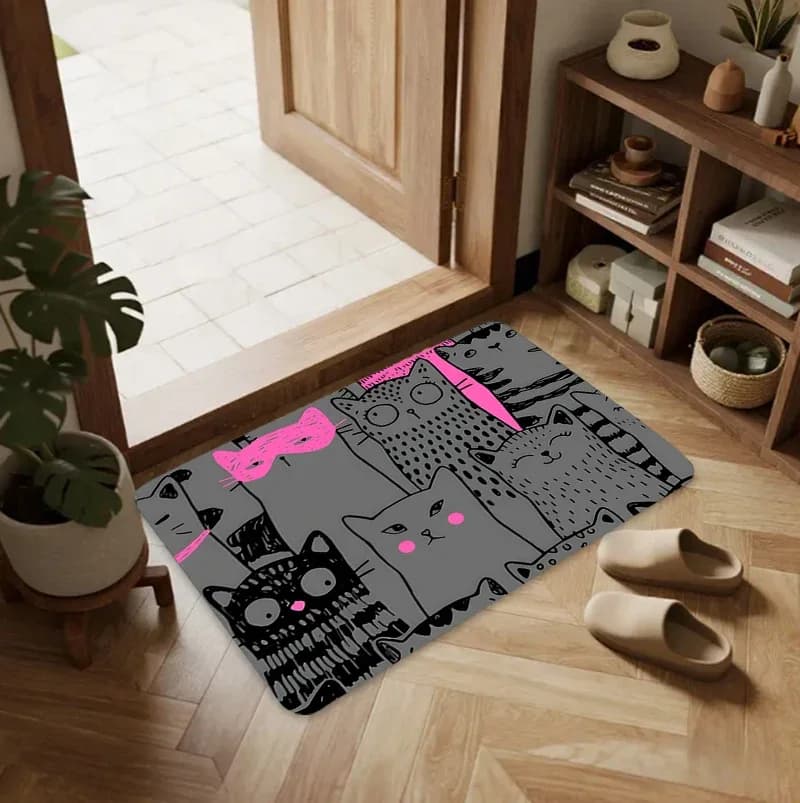 Hand Drawn Cat Floor Doormat Minimalist Non Slip Indoor Carpet Mat Cute Pet Themed Home Decoration Entryway Living Room Area Rug