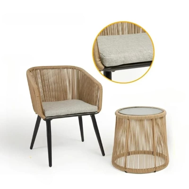 # l Set di mobili da giardino, set da bistrot esterno in 3 pezzi, sedie in vimini rattan intrecciate a mano con cuscini impermeabili, tavolo in vetro temperato