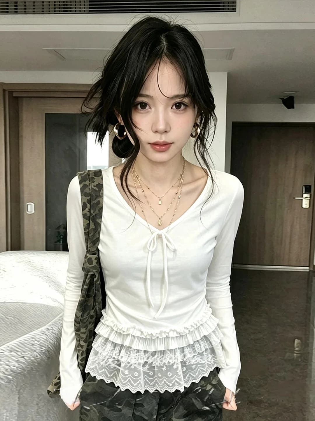 Sweet Style V-Neck T-Shirt Lace Trim Knot Splice Hem Gentle Wind Women's Long Sleeve Top Breathable Polyester Fabric