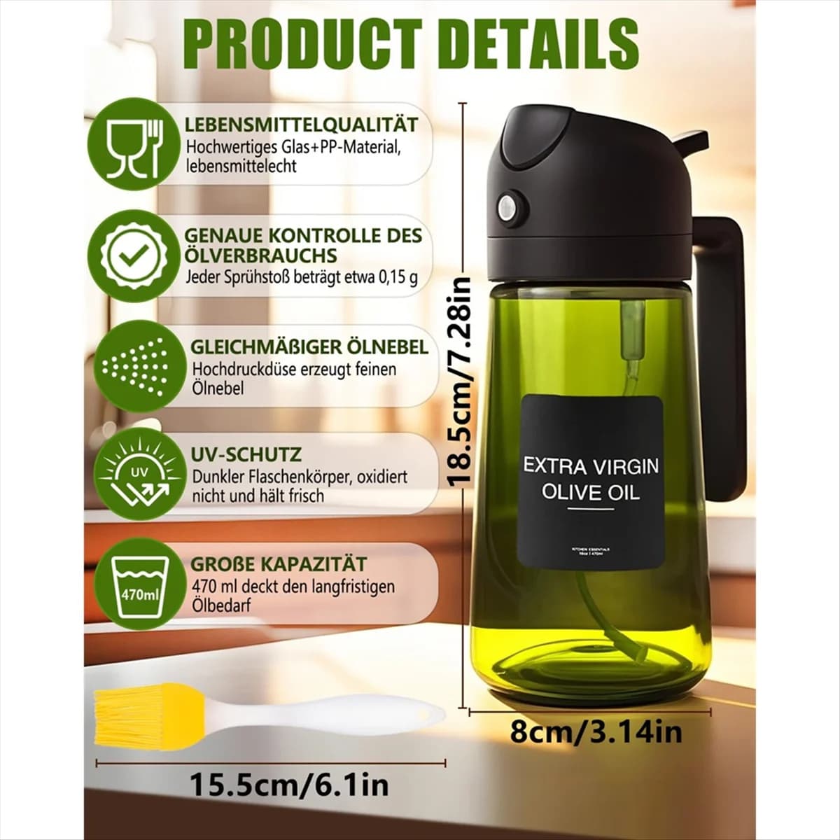 ABYA 470ml Sprayers and Bottle Dispenser 2 in 1 for Olive Oil for Kitchen, Air Fryer, BBQ - Kitchen Tools for Oil and Vinegar