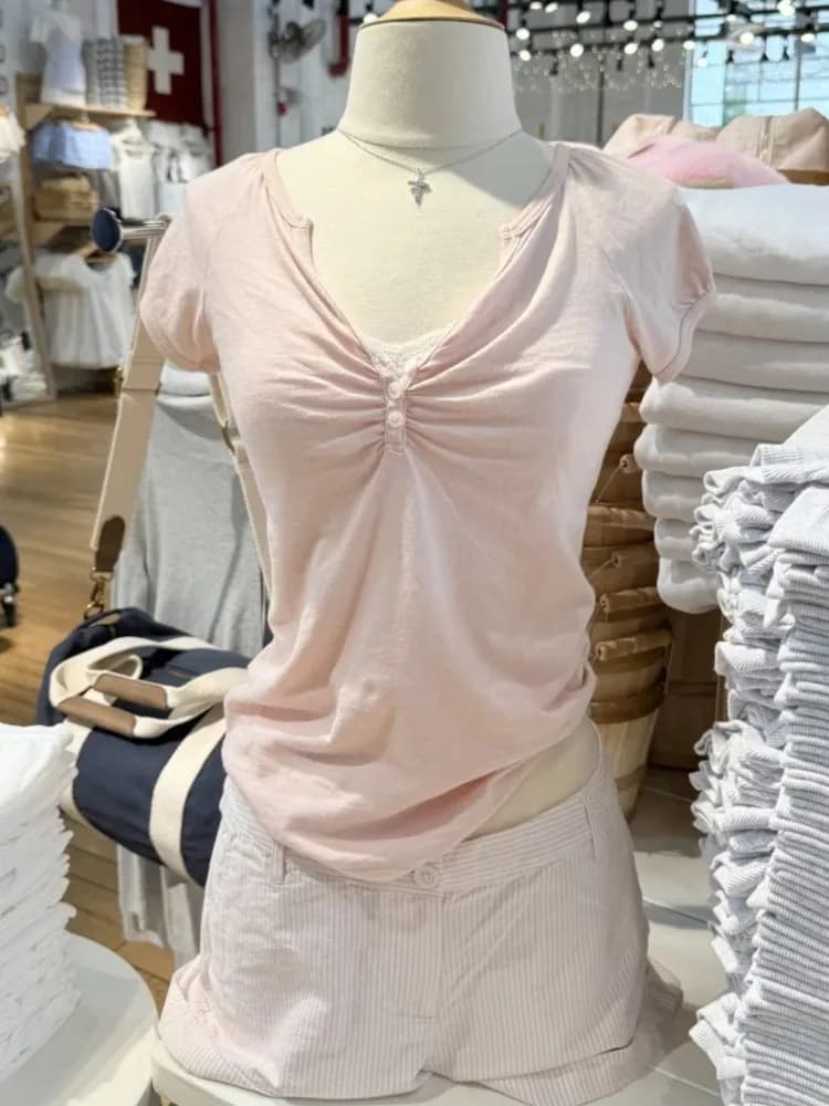 Dolce rosa con scollo a V bottoni piega T-shirt donna estate casual cotone sottile manica corta Tee semplice carino tutto-fiammifero maglietta Y2K top