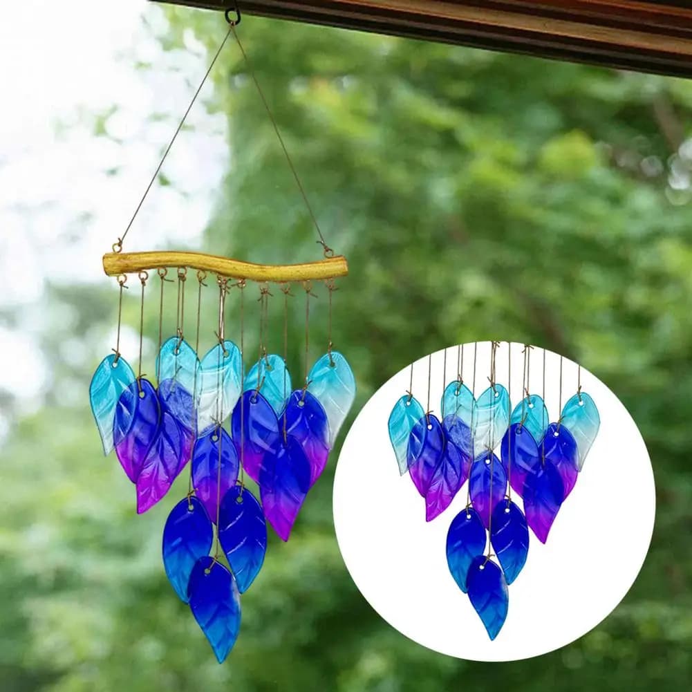 Soothing Wind Chime Glass Wind Chime Blue Glass Fish Wind Chime for Outdoor Garden Patio Stained Glass Leaf Decor Weather-proof