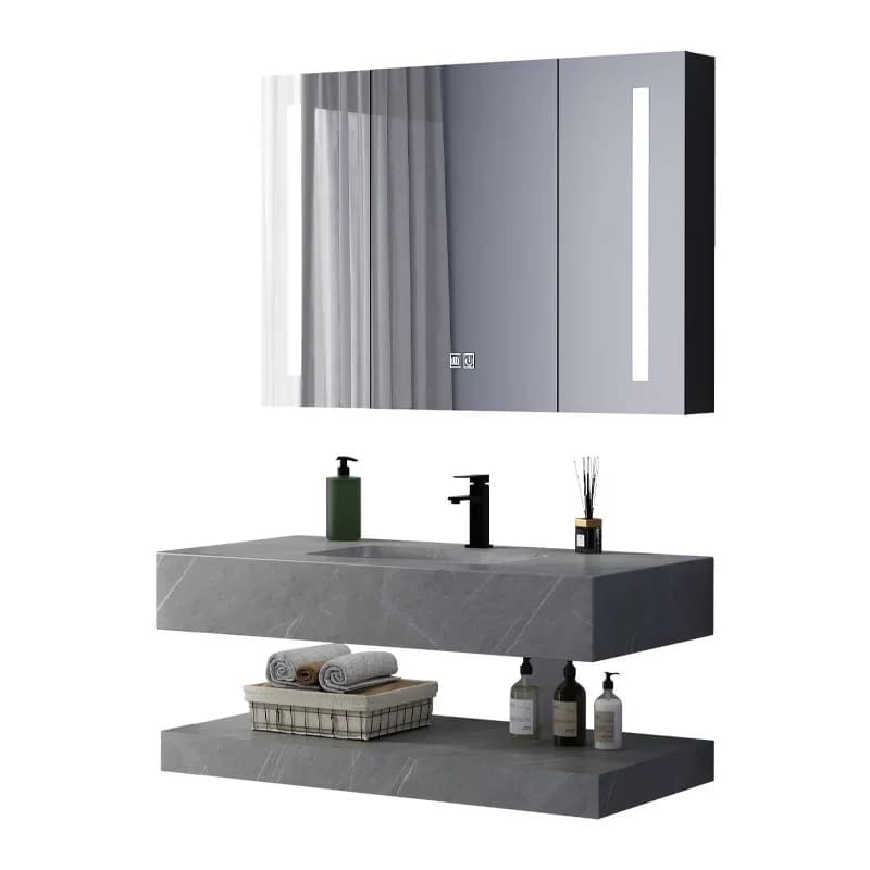 Mobile da bagno grigio Combinazione di lavabo a lastra a doppio strato Lavabo a parete per uso domestico Bagno dell'hotel Specchio intelligente Vanity