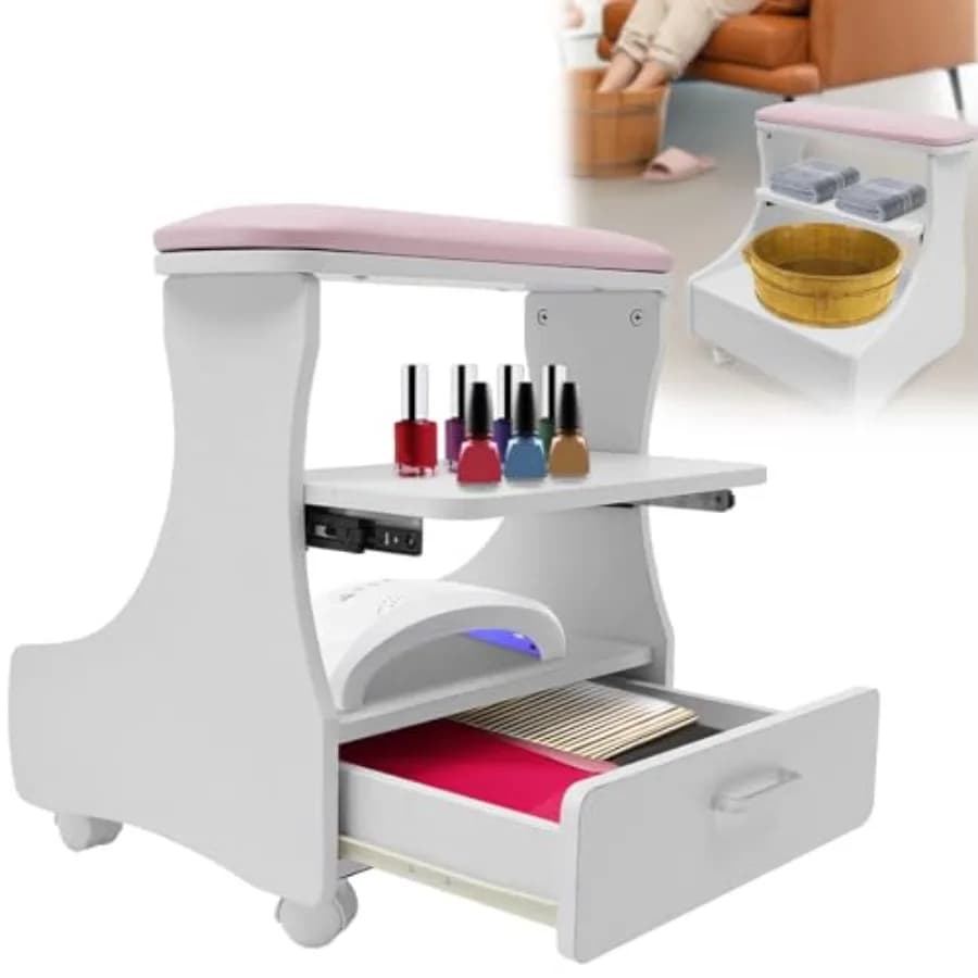 Poggiapiedi per Pedicure e Manicure, Carrello per Vasca Piedi, Sgabello con Ruote, Strumento di Bellezza Multifunzionale in Rosa