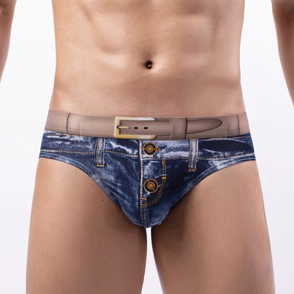 Men’s Cotton Briefs 3D Printed Jeans Panties Shorts Sexy U Convex Pouch Underpants Seamless Hip Wrap Close-fitting Briefs