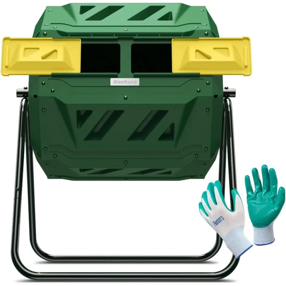 Tumbler Bin Composter Dual Chamber 43 Gallon (Bundled with Gardening Gloves)