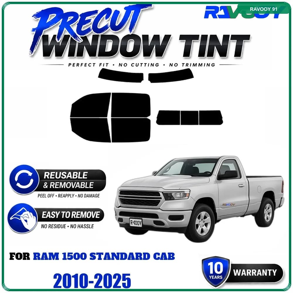 RAVOOY Precut Window Tint, Reusable Removable EPU Film, Custom Fit for Ram 1500 Standard Cab 2010-2025, UV Heat Protection
