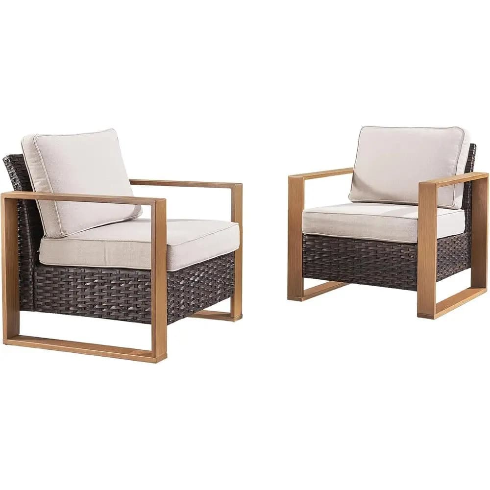 Set di sedie da giardino a 2 pezzi con resistente vimini in PE, comodi braccioli, seduta profonda e cuscini spessi per terrazza, portico