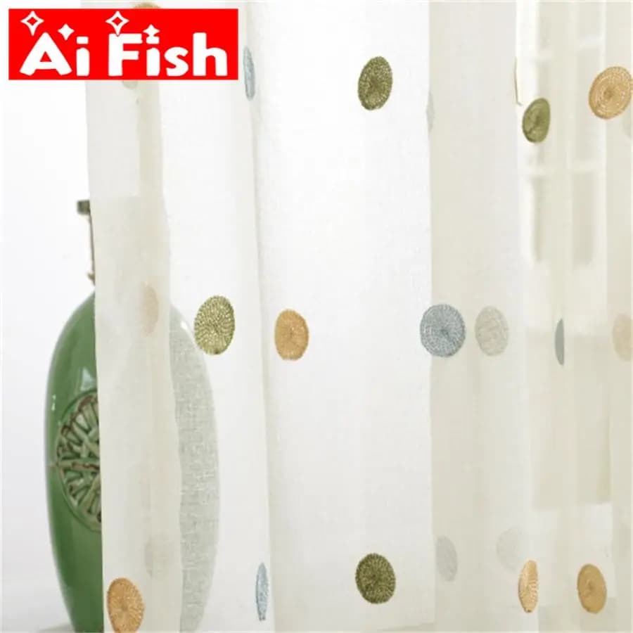 Colorful Circle Embroidery Sheer Curtains For Living Room Drapes White Window Screen Cotton Linen Bedroom Tulle Curtain ZH035-5