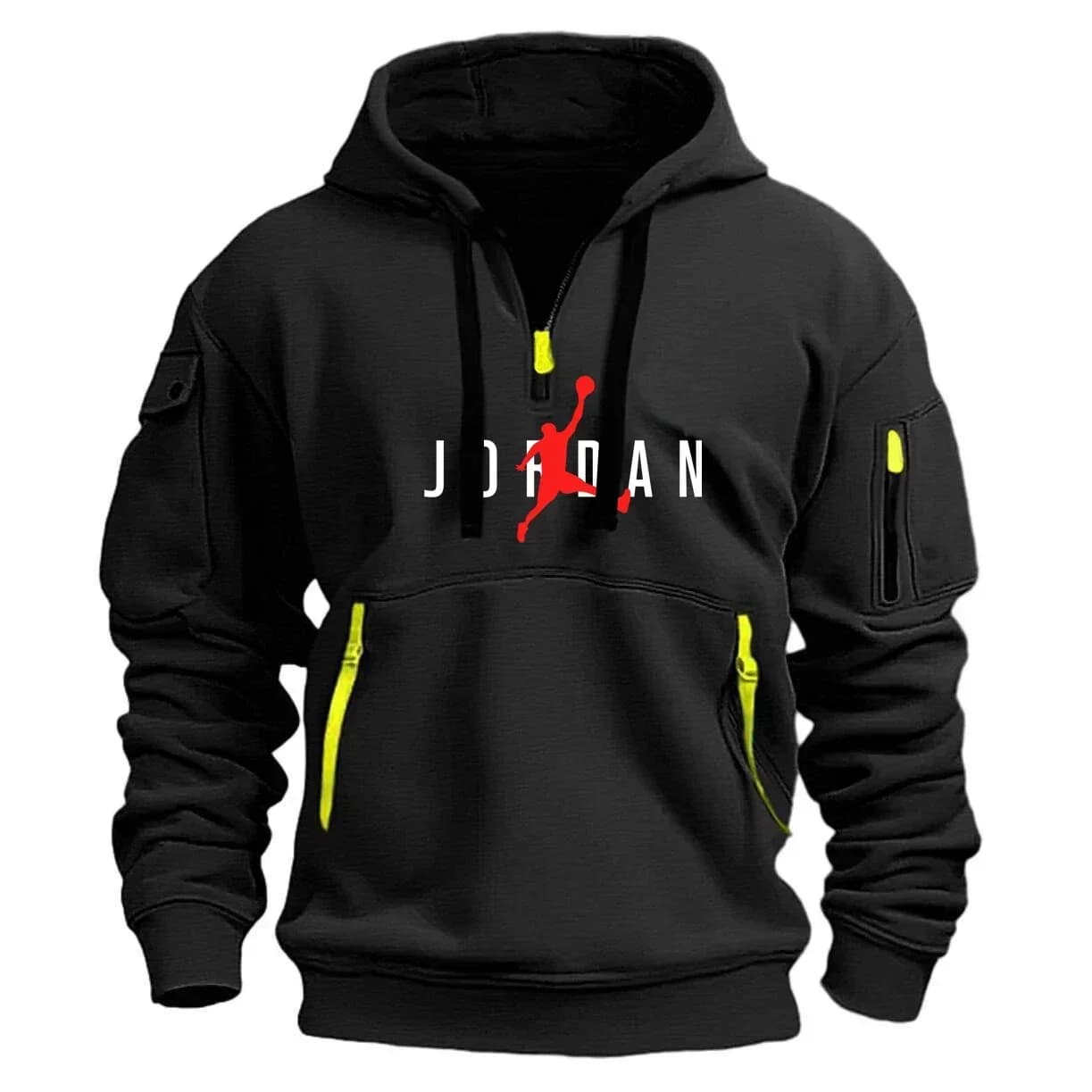 New sports sweatshirt for men with hood and half zip, spring style, fashionable, windproof, for outdoor jogging, casual.