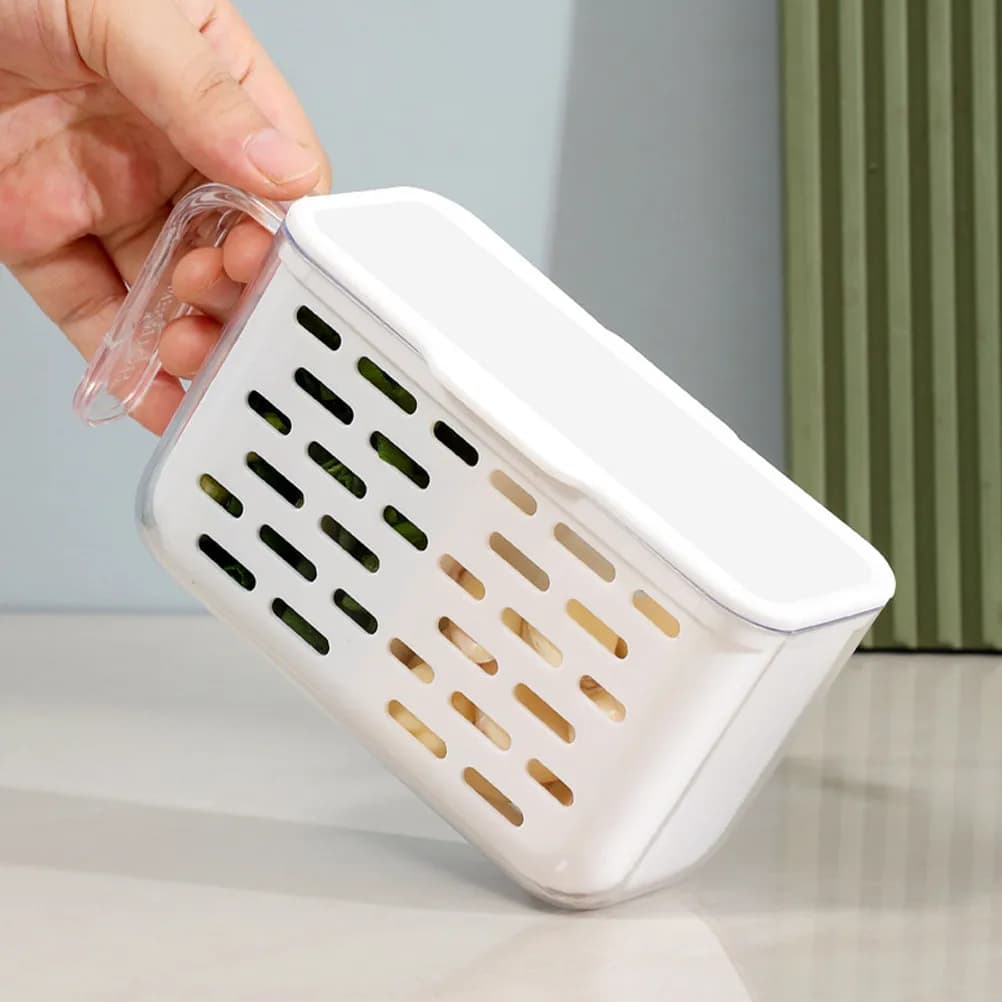 Transparent plastic container for refrigerator with handle, divided compartments, airtight organizer for fruit and vegetables