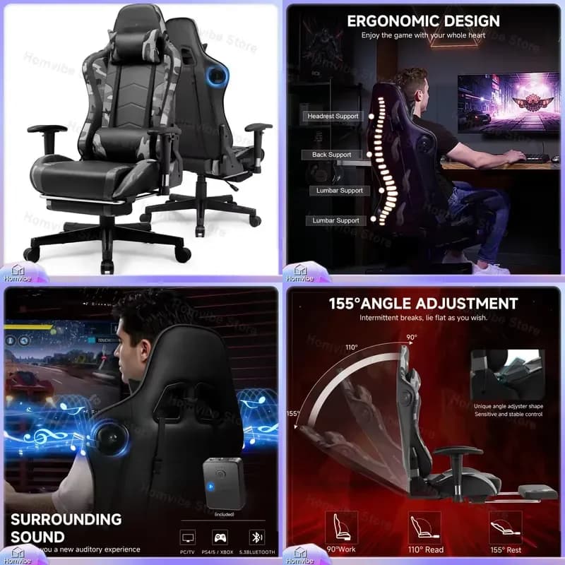 Ergonomic Gaming Chair with Bluetooth Speakers 2D Adjustable Armrests High Back PU Leather Computer Chair for Adults with