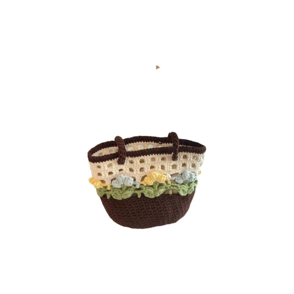 Crochet Small Tote Bag 3D Flower Decor Hollow Knit Pastel Green Shoulder Handbag