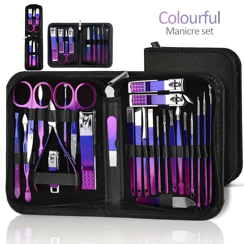 26/30pcs Zippered Gradient Manicure Set, Complete Stainless Steel Tools for Nail & Cuticle Care, Home & Travel