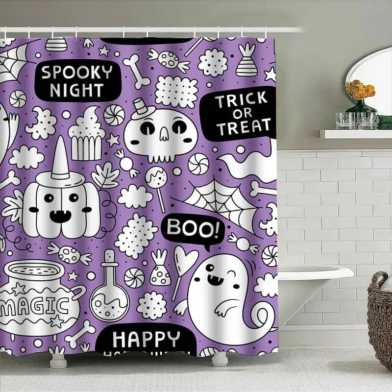 Tuniu Spettrale Tenda da doccia di Halloween Fantasmi carini Zucche Strega Cartoon Bambini Adolescenti Decor Viola Nero Modello