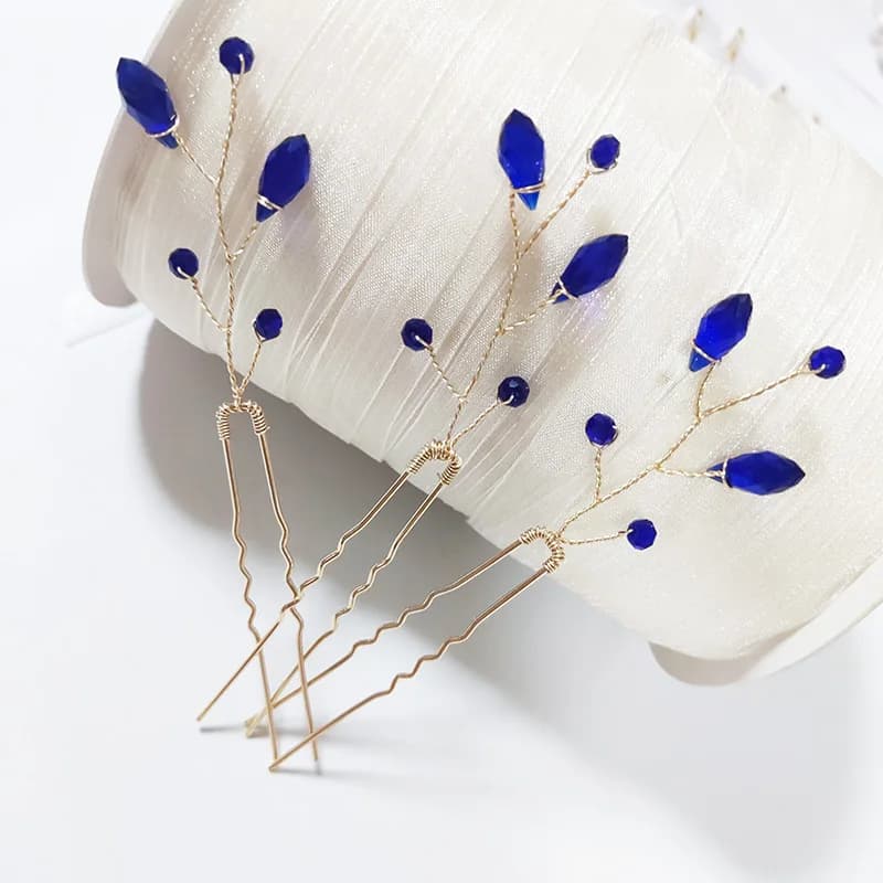 Set di 3 Fermagli per Capelli con Fiori di Cristallo Blu, Eleganti Accessori per Sposa, Forcine Floreali, Gioielli per Capelli