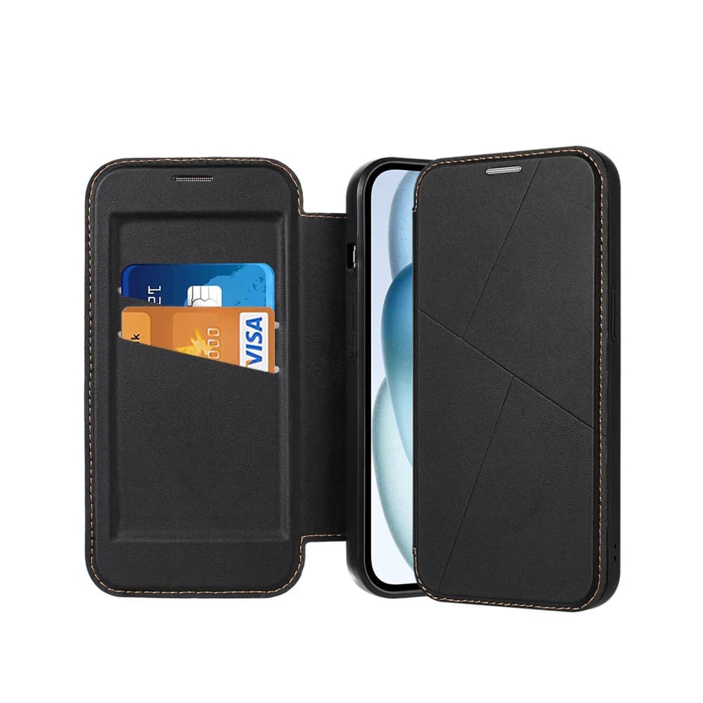 Custodia a libro magnetica in pelle tinta unita per iPhone Air 17 16e 15 14 Plus 13 Pro Max con scomparti porta carte integrati