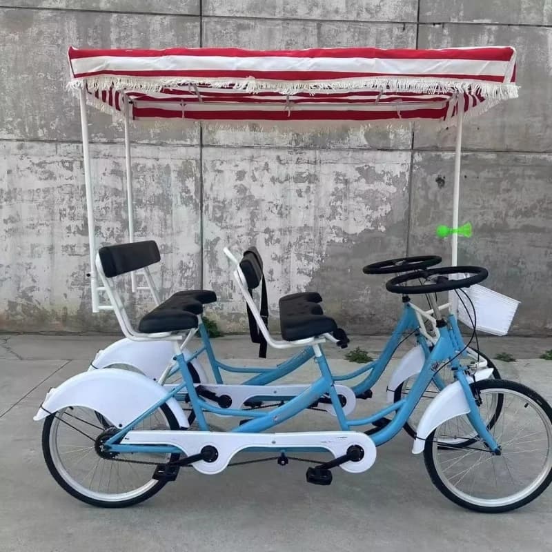 Doppia fila orizzontale per 4 persone, una ruota con telone, bicicletta a pedali