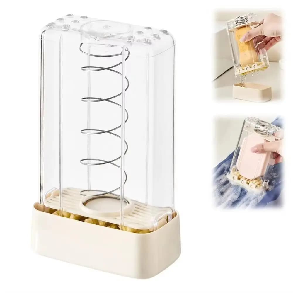 Multi-functional plastic hanger holder with integrated foam, Rescrewless soap dispenser, External soap container
