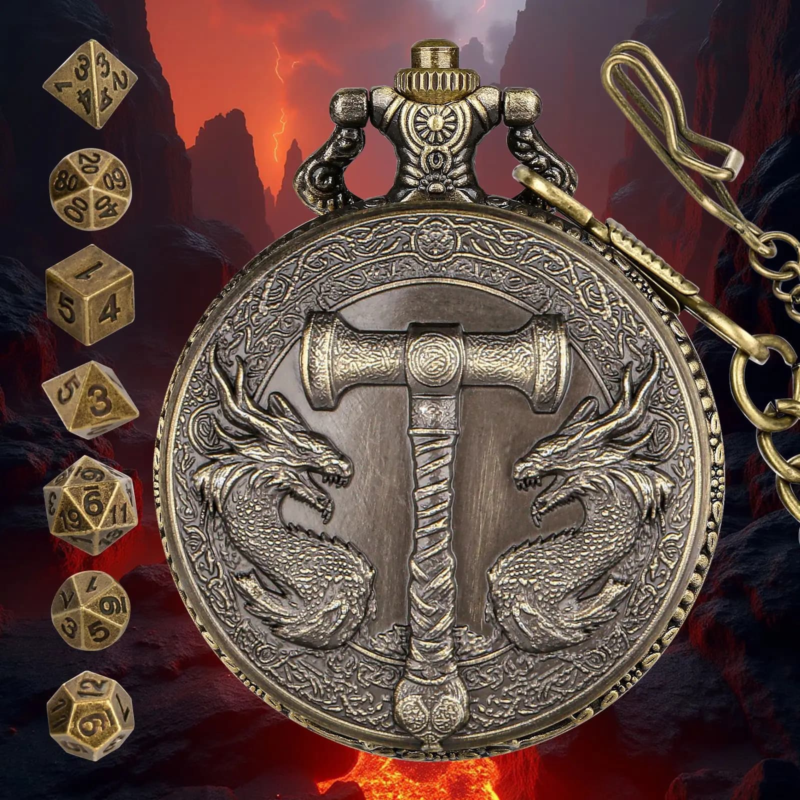 Retro Hammer Double Dragon DND Dice Custodia per orologio da tasca con gioielli con 7 dadi in metallo per ciondolo dadi Dungeons & Dragons RPG