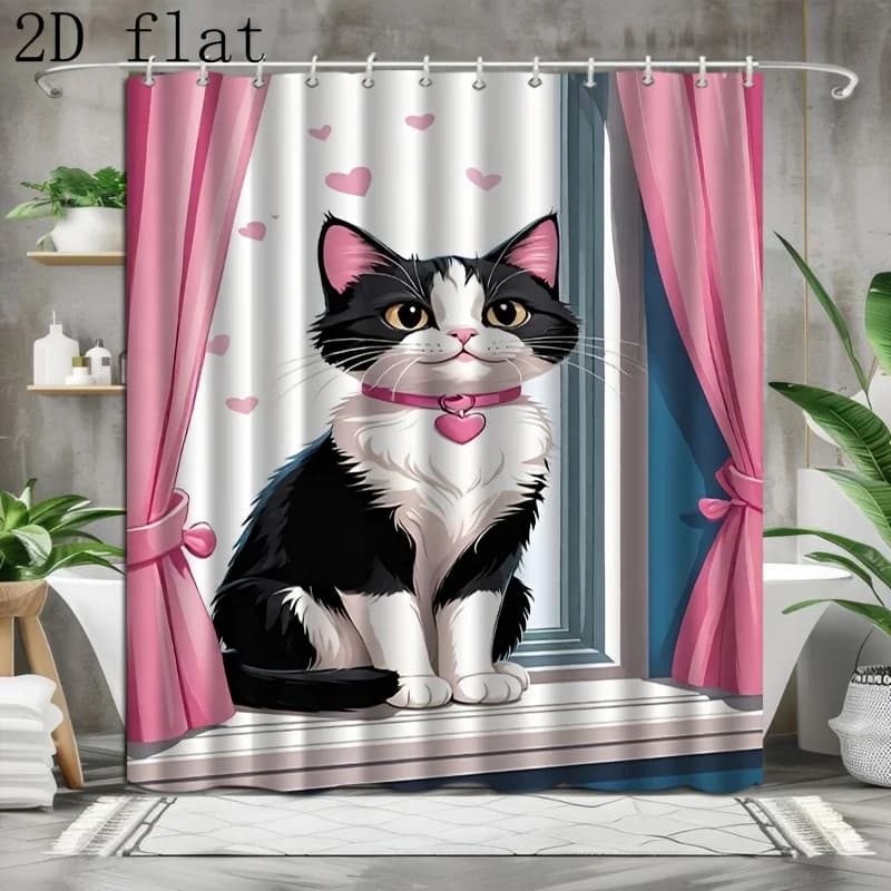 2D Flat, 1pc Shower Curtain with Hooks, Cat Pattern 2D Flat Print, Can Be Used as Bathroom Partition, Window Curtain, Home Decor