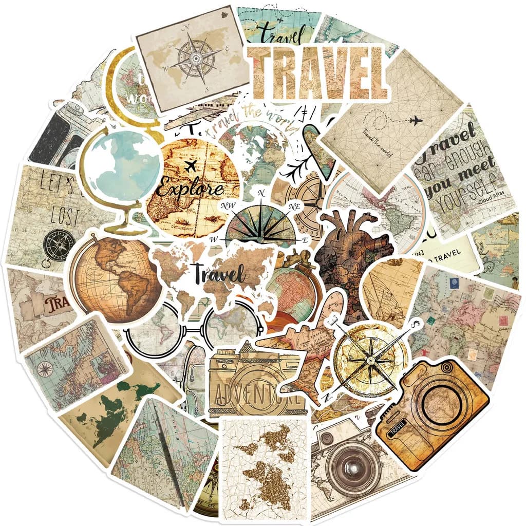50 Pezzi Nuovi Adesivi Graffiti con Orologio da Viaggio e Mappa per Bicicletta, Diario, Astuccio - Papery Pop Store
