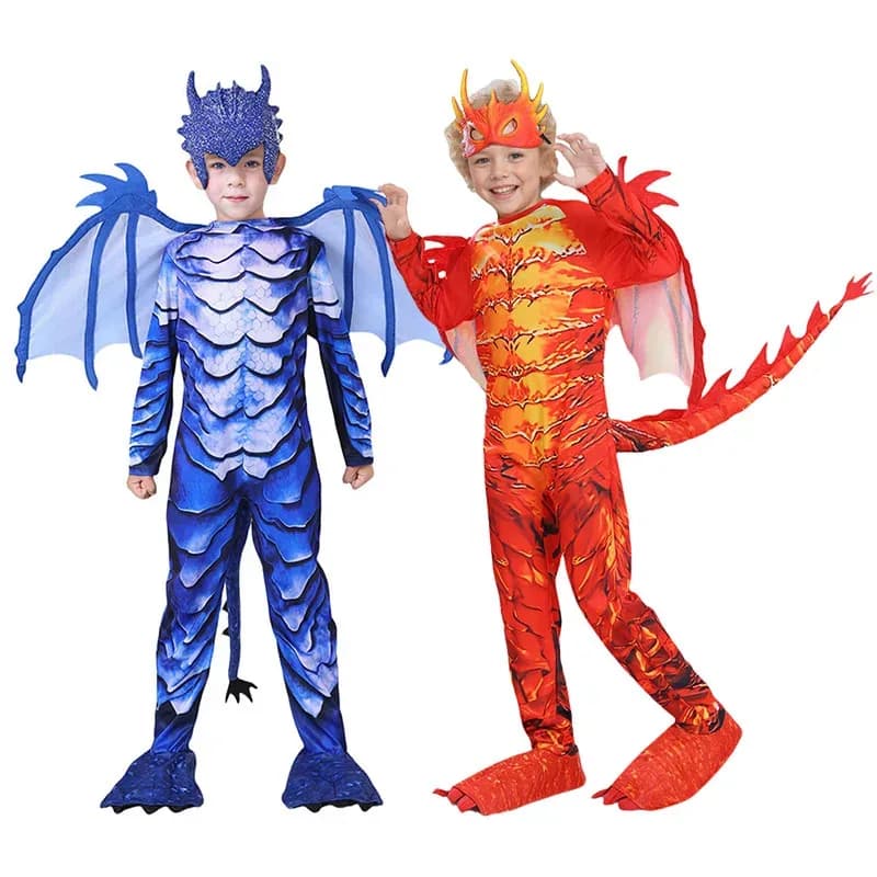 2025 Nuovo Halloween Deadly Frost Blue Dragon Costume Bambini Unisex Dinosauro Abiti Vesti Halloween Ragazzi Rosso Fuoco Drago Cavaliere