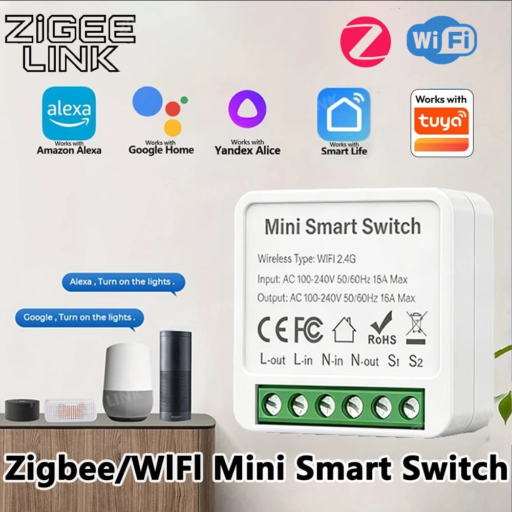 Smart ZigBee Switch Module or WiFi 16A/20A, Mini Relay for Domotics Compatible with Tuya, Alexa, Google