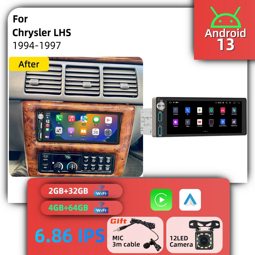 6.86" Stereo 1din Autoradio Android Car Radio for Chrysler LHS 1994-1997 Head Unit Car Multimedia Screen Carplay Android Auto