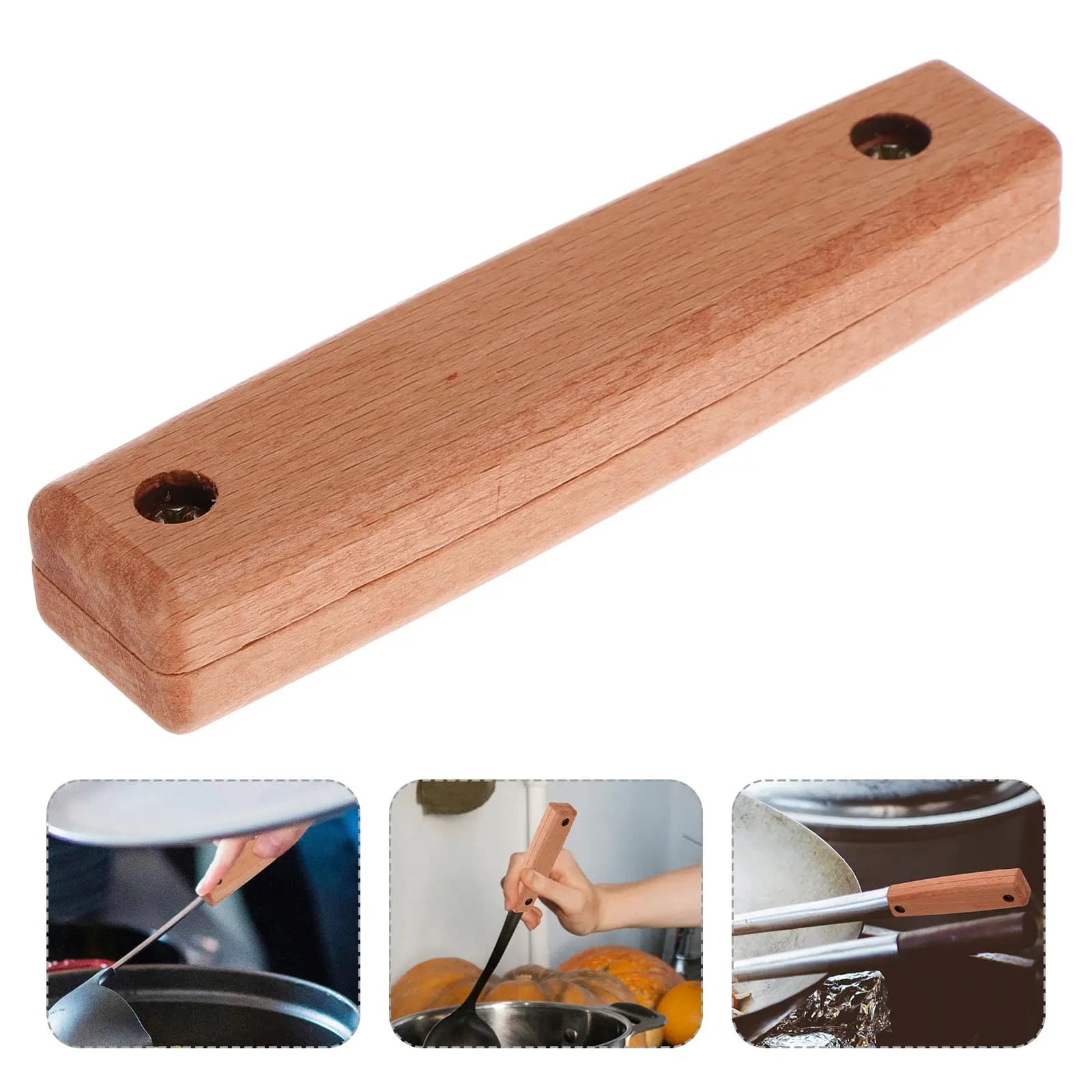1Set Wooden Spatula Handle Replacement Heat-Insulation Anti-Skid Grip Kitchen Tool Repair Handles for Frying Pan Turner Scraper