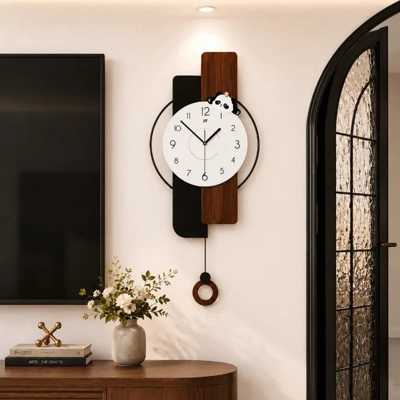 Large Wall Clock Silent Wooden Wall Watch with Pendulum Elegant Panda Mechanic Clocks Living Room Modern Aesthetic Decoration