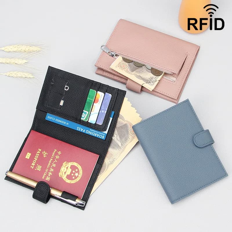 Porta Passaporto in Vera Pelle con Protezione RFID, Portafoglio da Viaggio Ultra Sottile Multifunzione con Clip per Biglietti e Scomparti Multipli per Carte Unisex